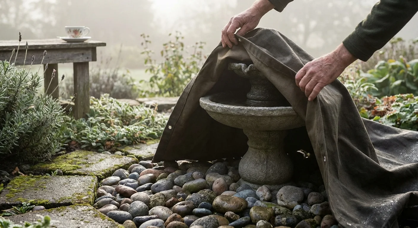 Covering a stone garden fountain with a protective winter tarp.