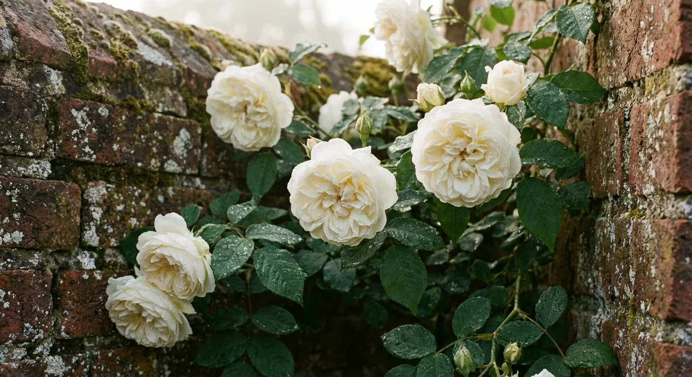 Creamy white Alba Maxima roses blooming against an old brick wall.