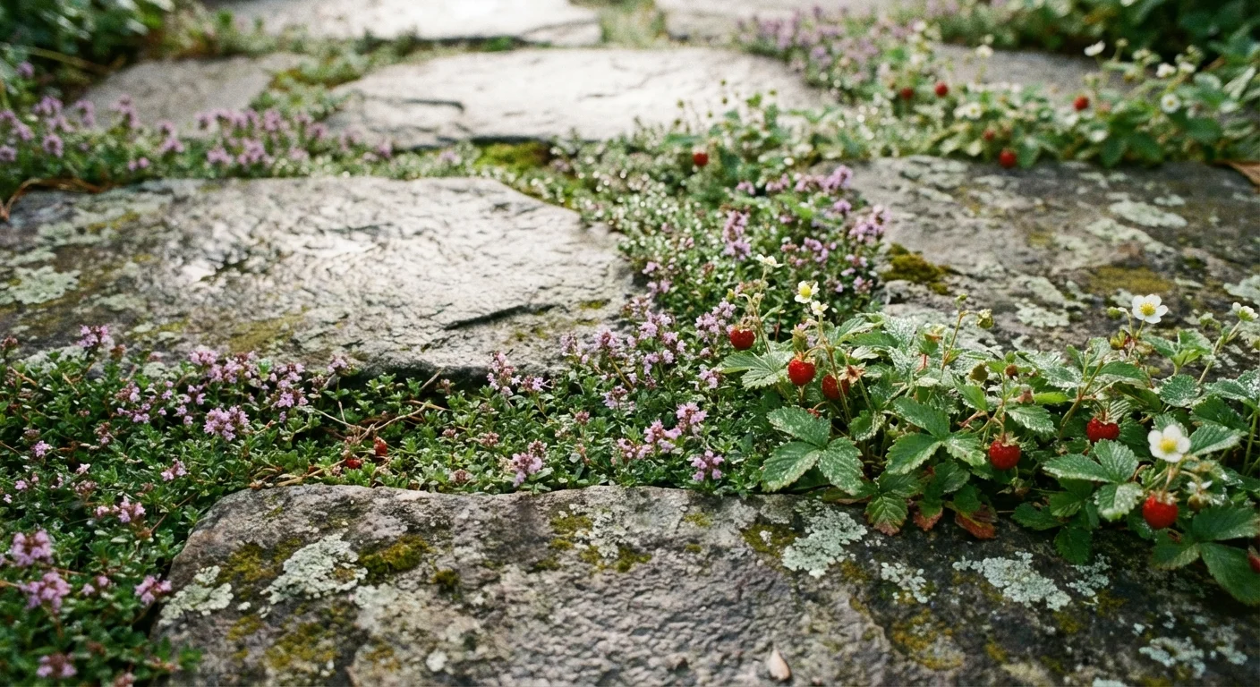 Creeping thyme and alpine strawberries growing between garden stepping stones.