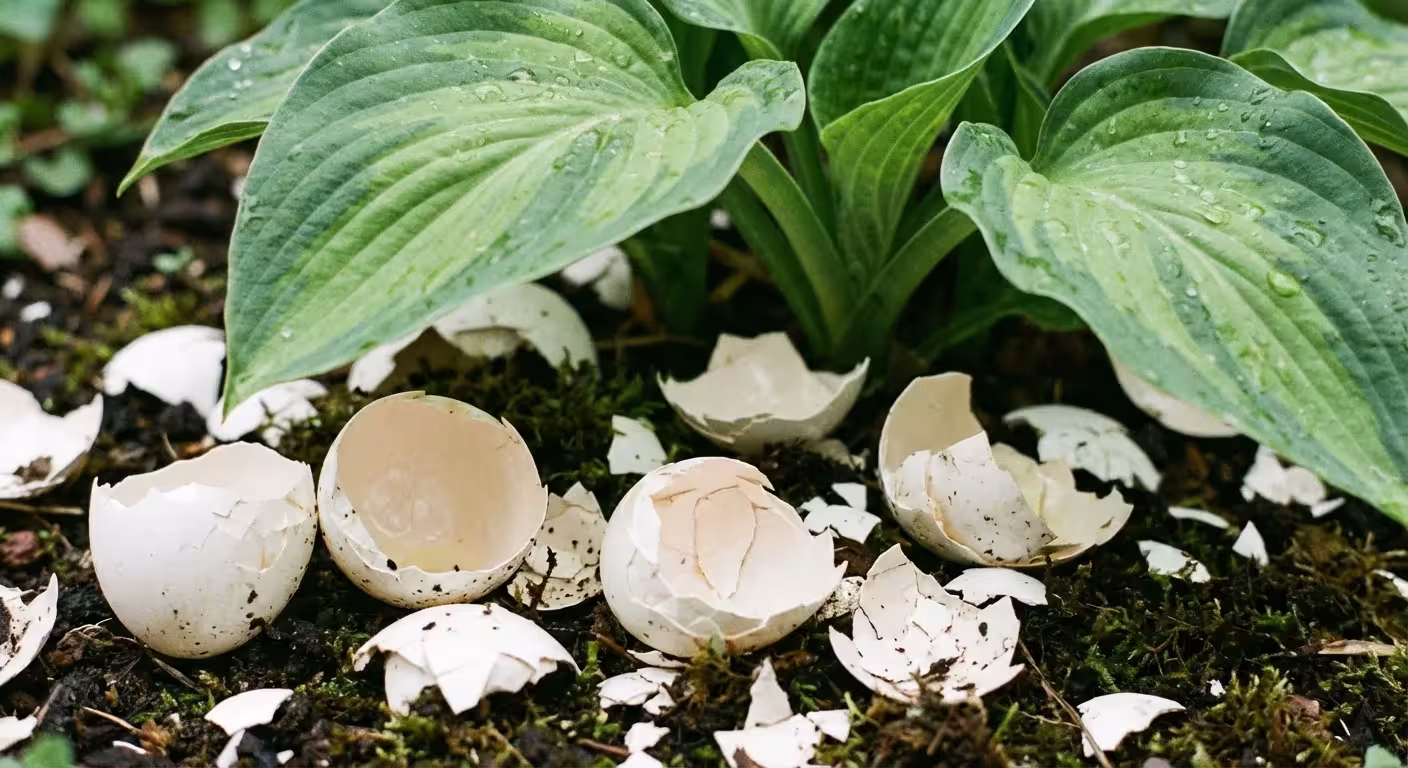 Crushed eggshells scattered on the soil around the base of a plant.