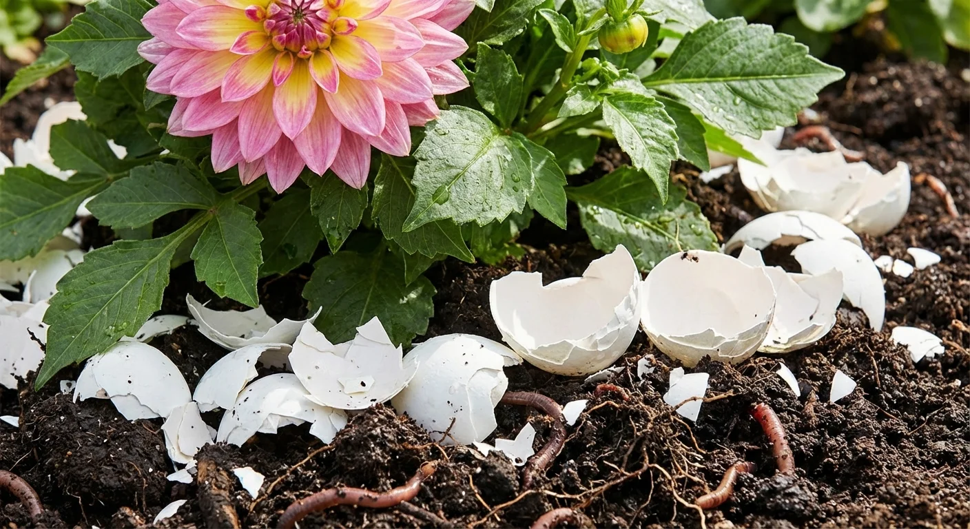 Crushed white eggshells scattered around the base of a green garden plant to deter pests.