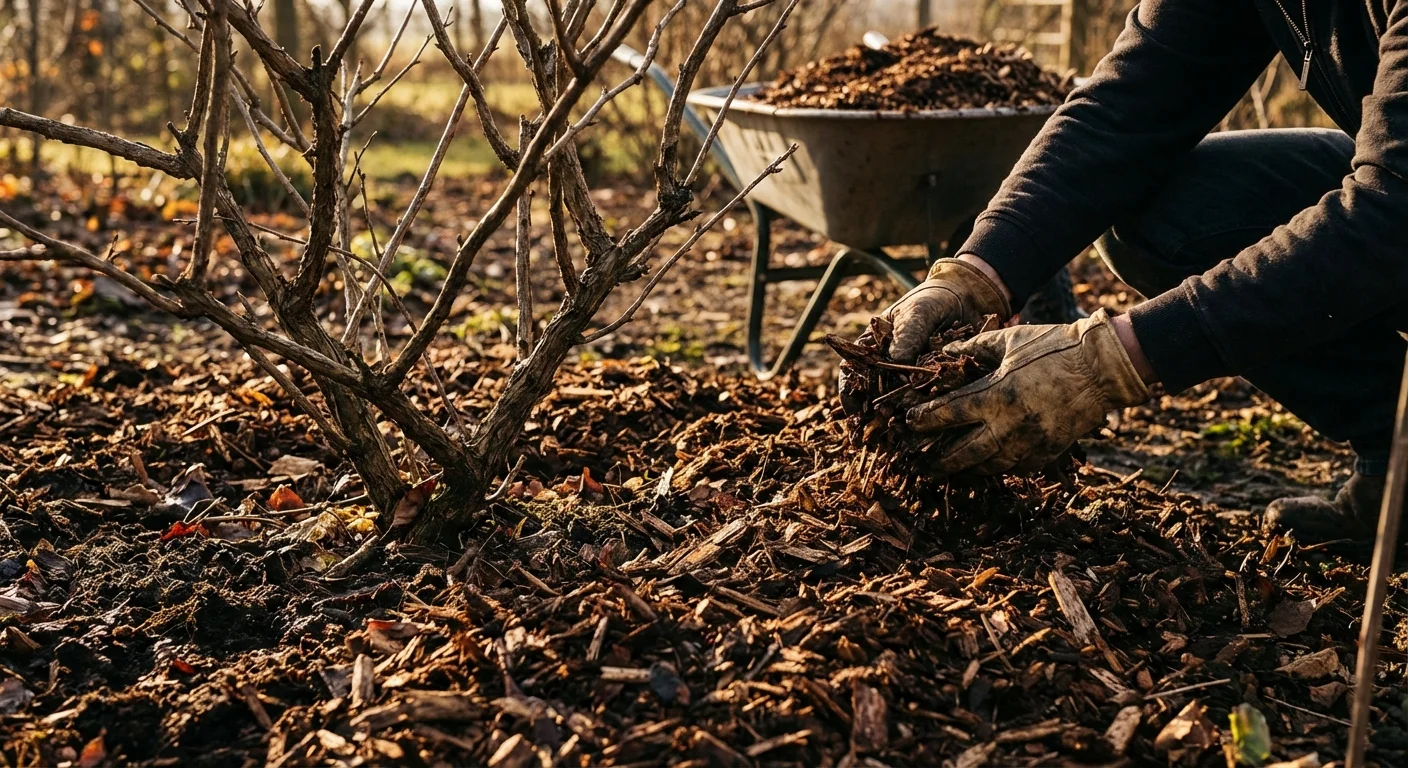 Dark brown organic mulch spread around the base of a plant in a winter garden.