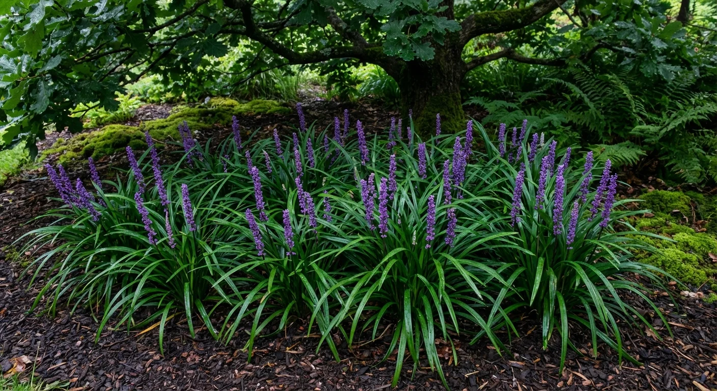 Dark green Liriope foliage with bright purple flower spikes growing in the shade.