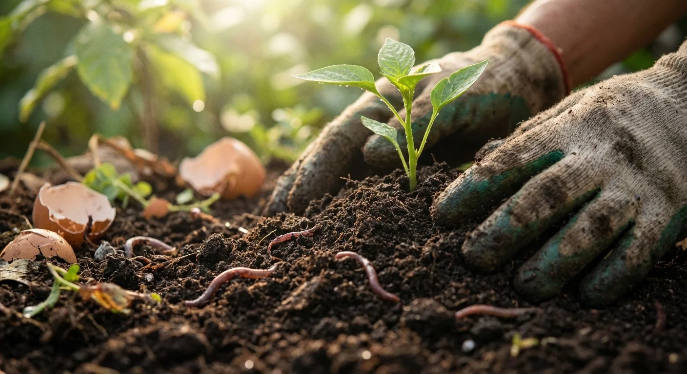 Dark, nutrient-rich compost being spread around a young green plant in a garden.