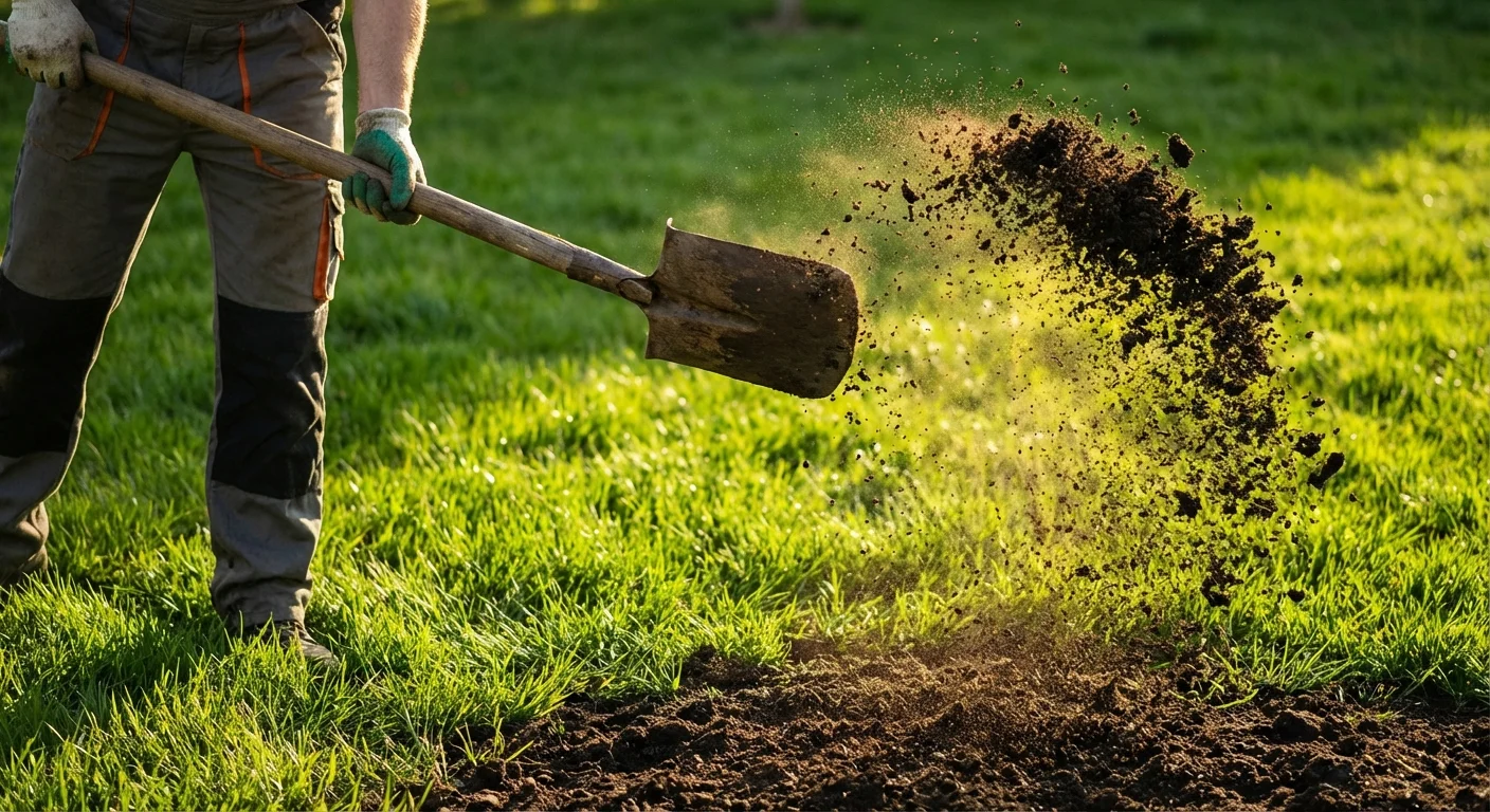 Dark organic compost being spread over a healthy green lawn.