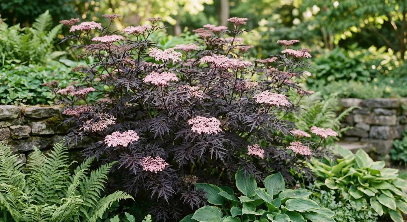 Dark purple Elderberry foliage with delicate pink flower clusters.