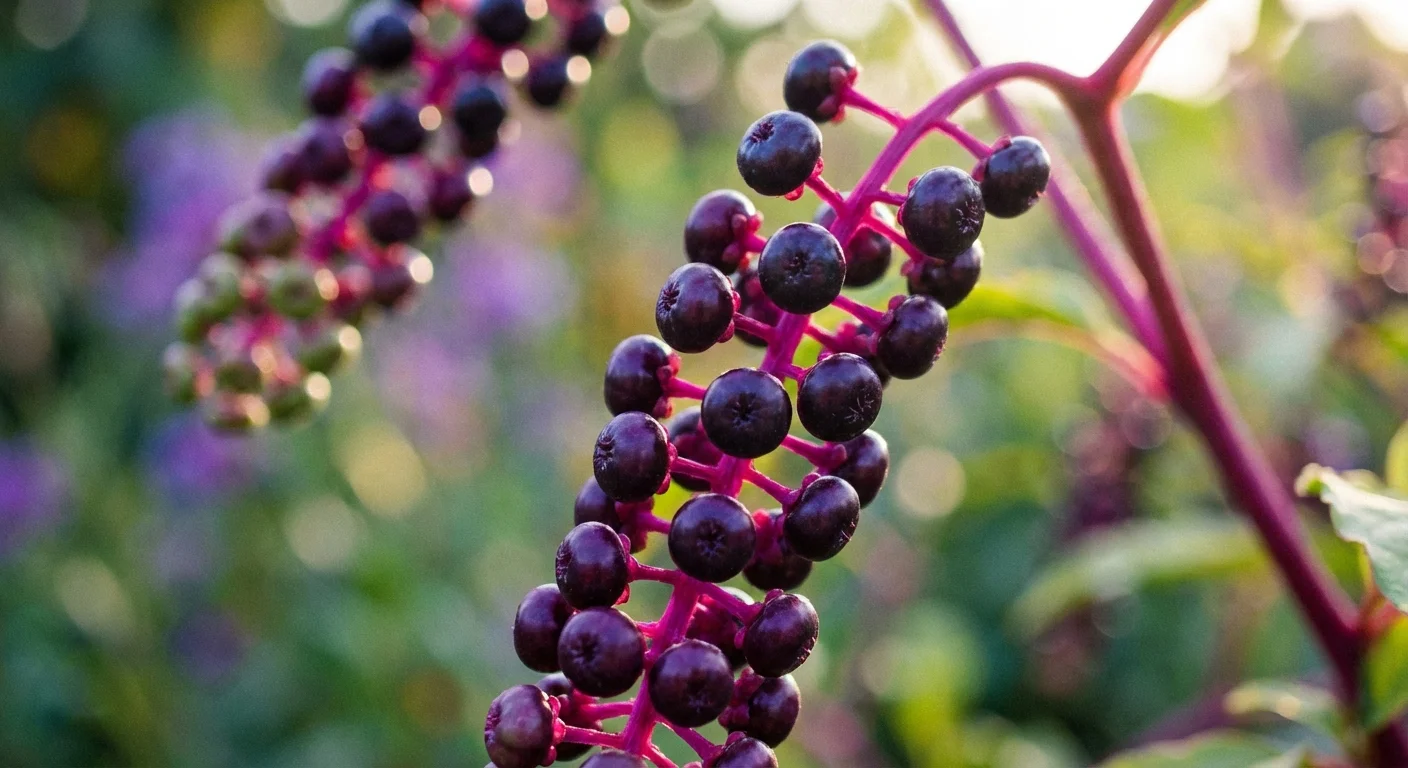 Dark purple pokeweed berries on bright pink stems.