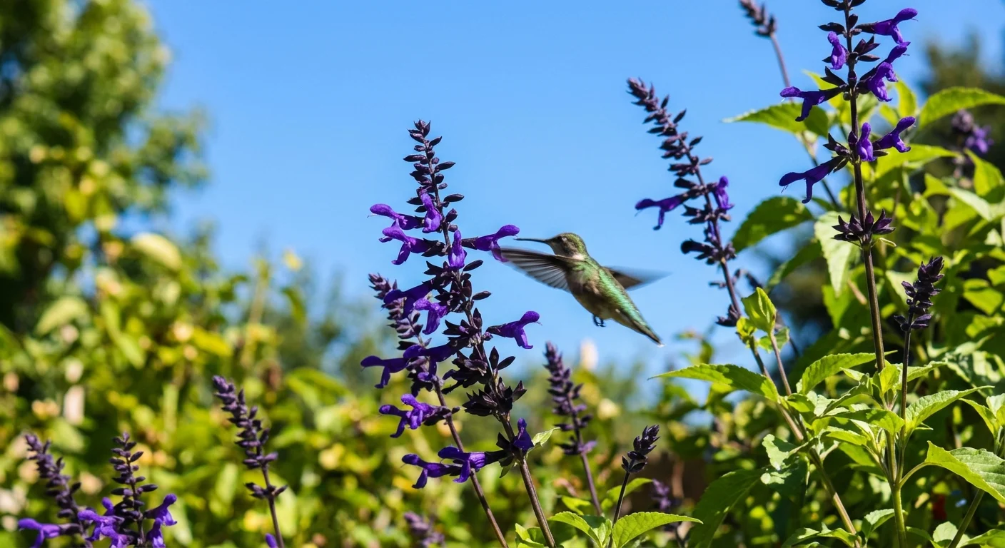 Deep purple salvia flowers attracting a hummingbird in a sunny garden.