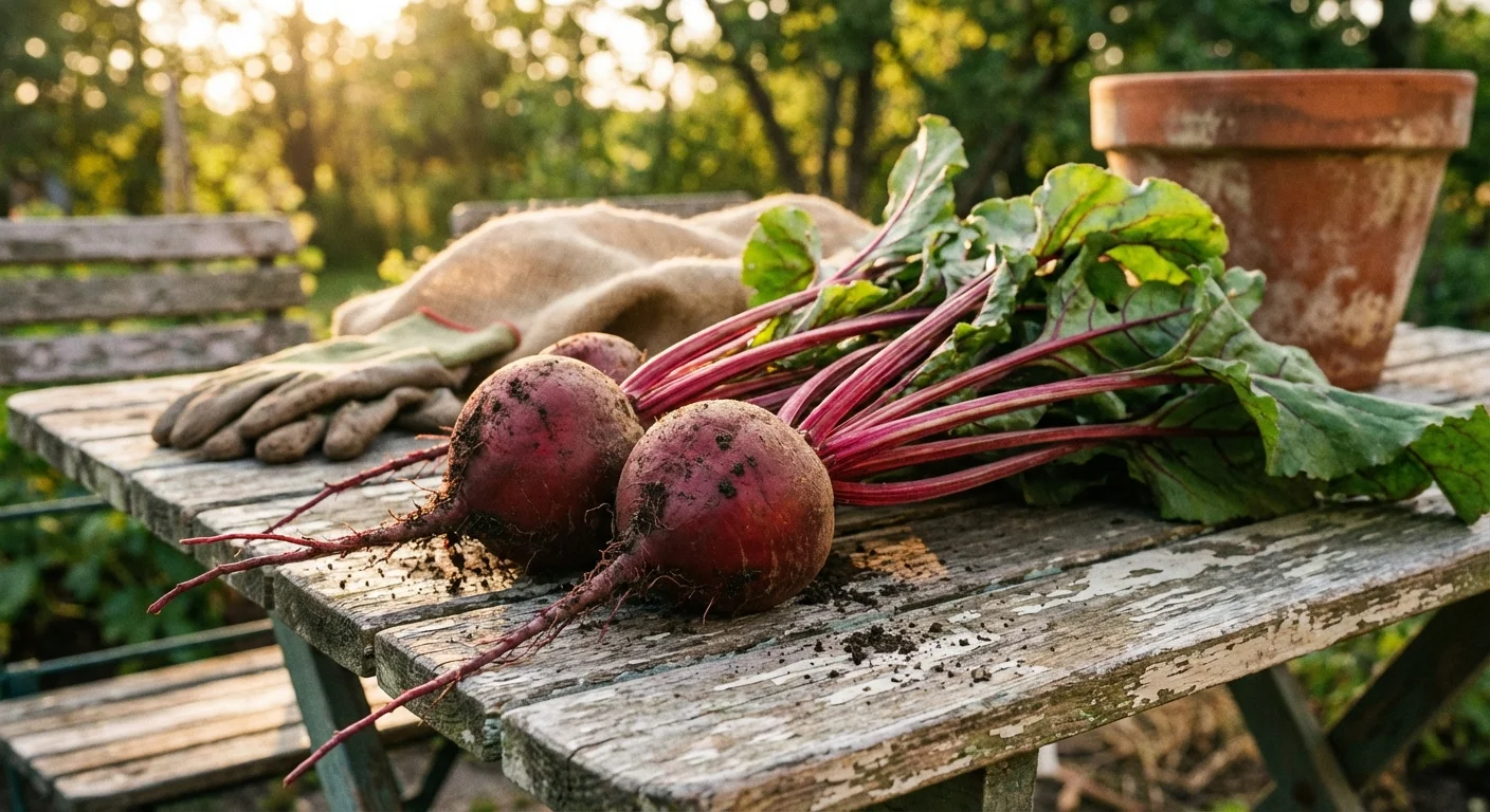 Deep red beets with green stems resting on a rustic wooden table in the sun.