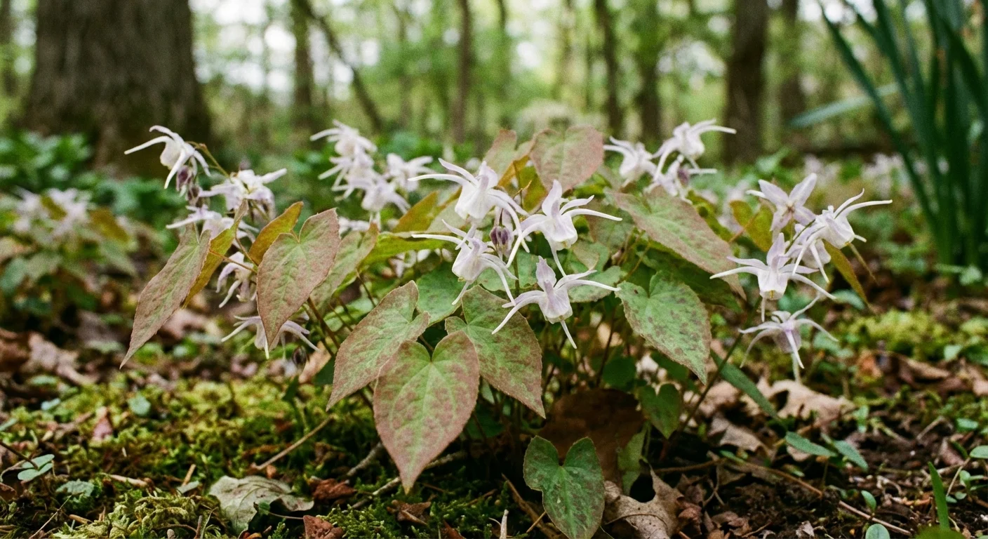 Delicate Barrenwort flowers blooming beneath heart-shaped leaves.