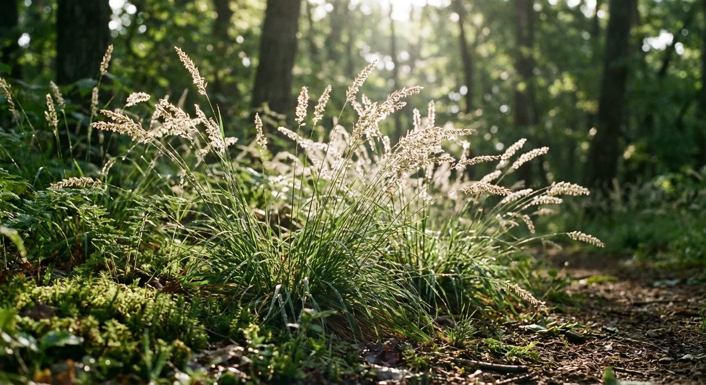 Delicate clumps of Melica Uniflora grass with rice-like blooms in the shade.