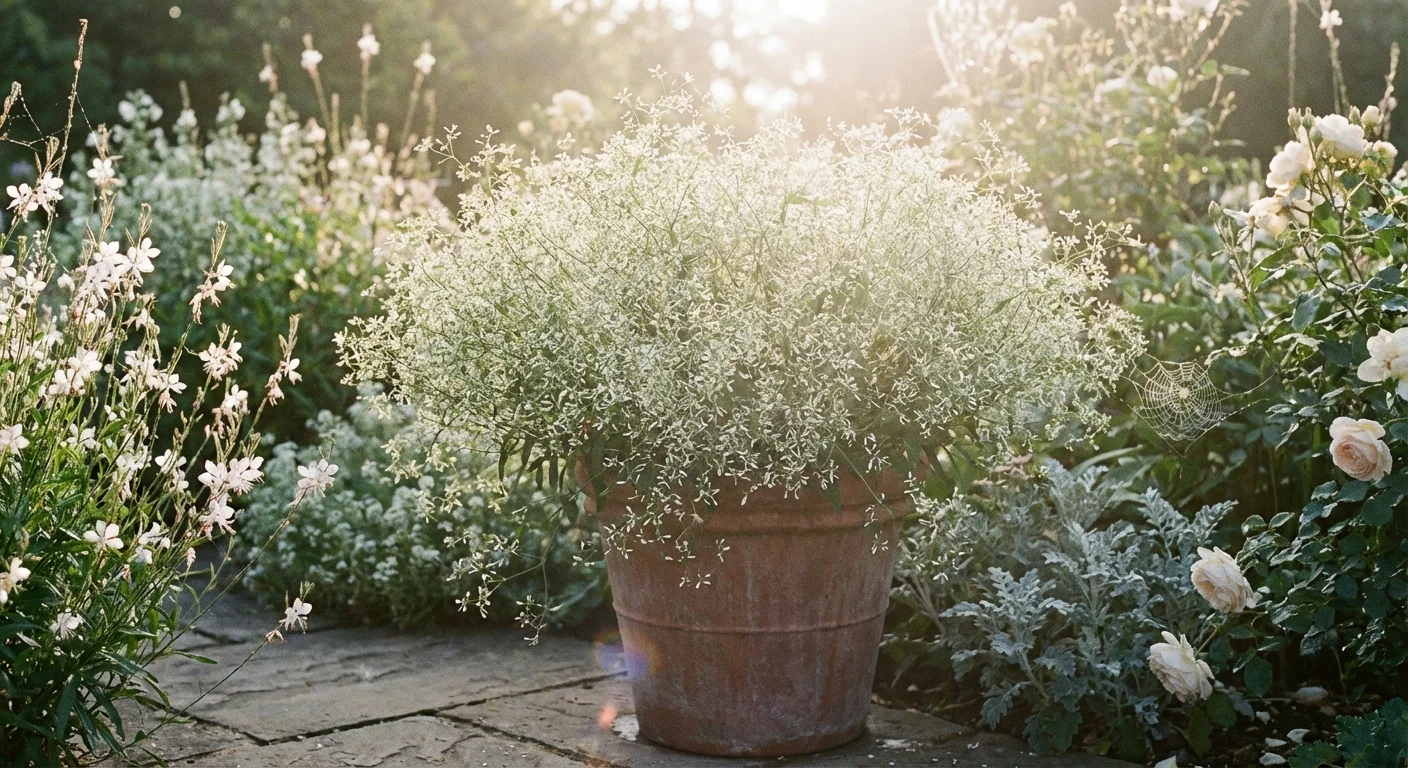 Delicate white euphorbia flowers in a sunny container garden.