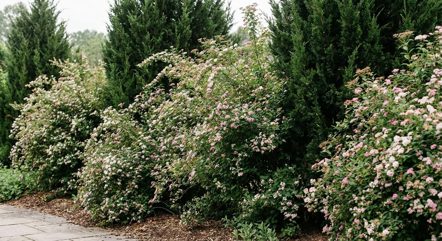 Dense garden landscaping featuring Spiraea shrubs and Leyland Cypress trees growing close together.