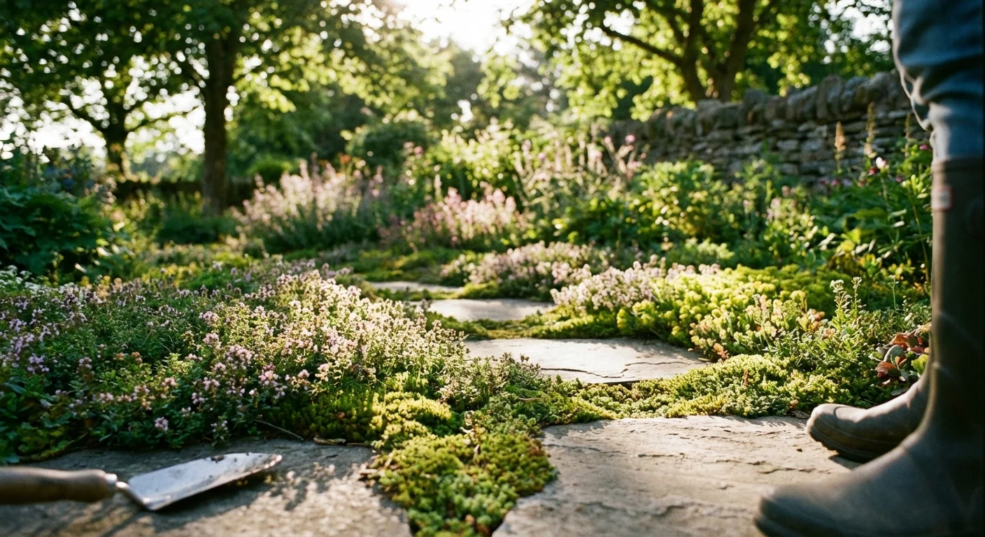 Dense green ground cover plants growing perfectly between garden stepping stones.