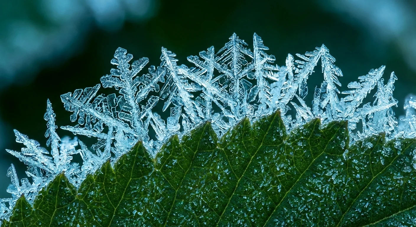 Detailed macro view of ice crystals on a leaf's edge.