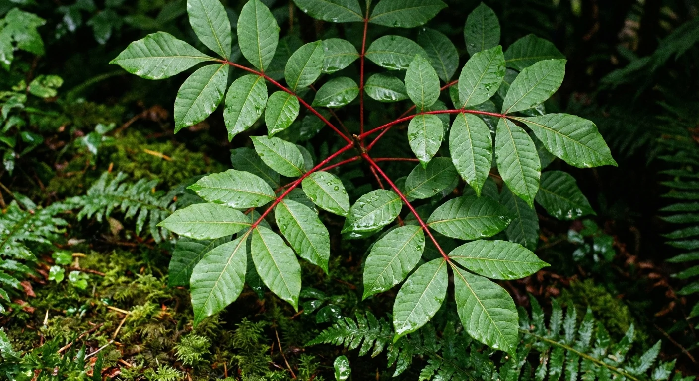 Detailed view of Poison Sumac leaves and its characteristic red stems.