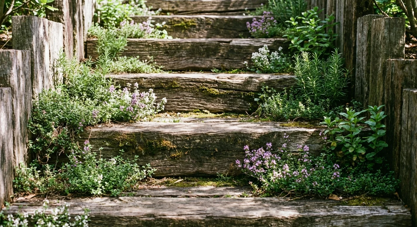 Detailed view of timber garden stairs with aromatic herbs growing in the soil between the steps.