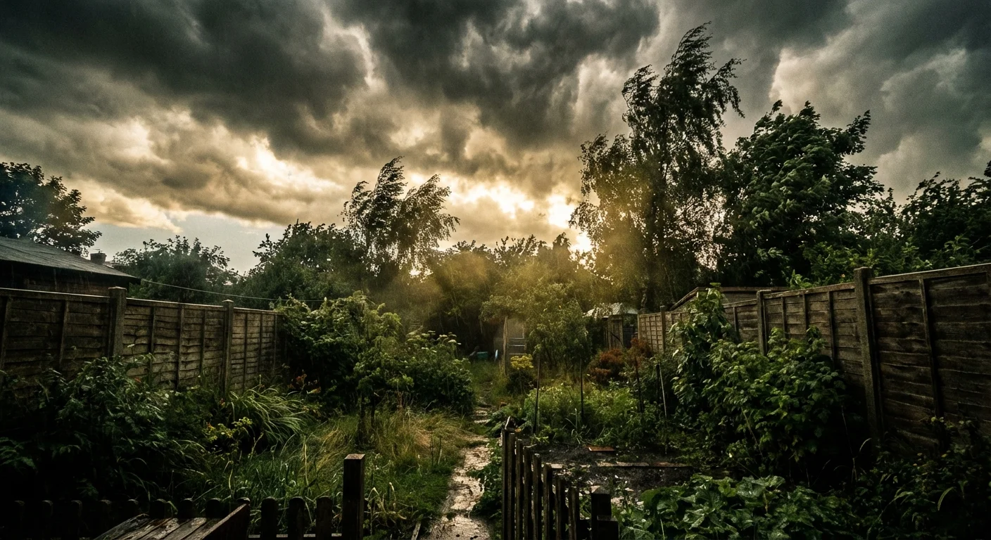 Dramatic dark storm clouds gathering over a lush residential garden.