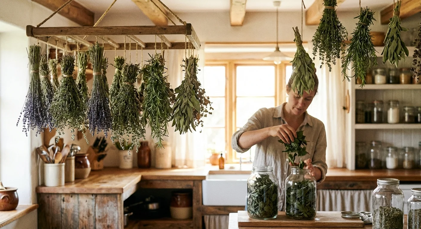 Dried herbs hanging from a rack in a bright kitchen with glass storage jars nearby.
