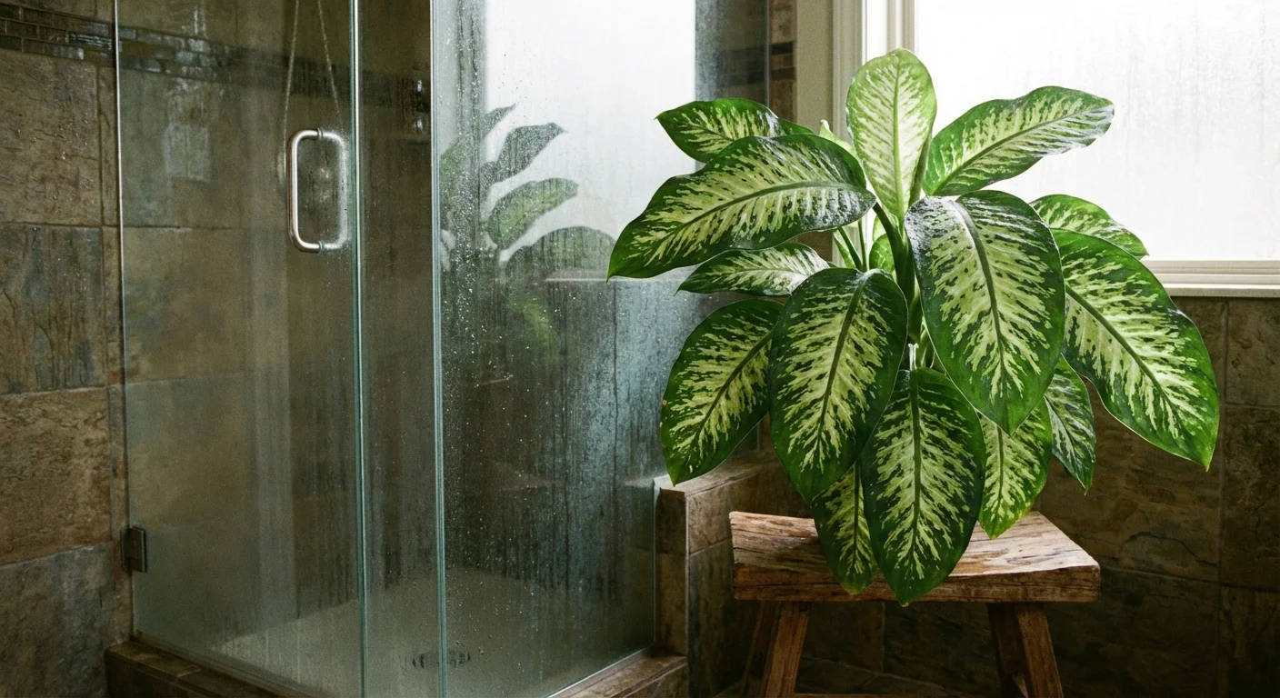 Dumb Cane plant with variegated leaves on a wooden stool in a steamy bathroom.