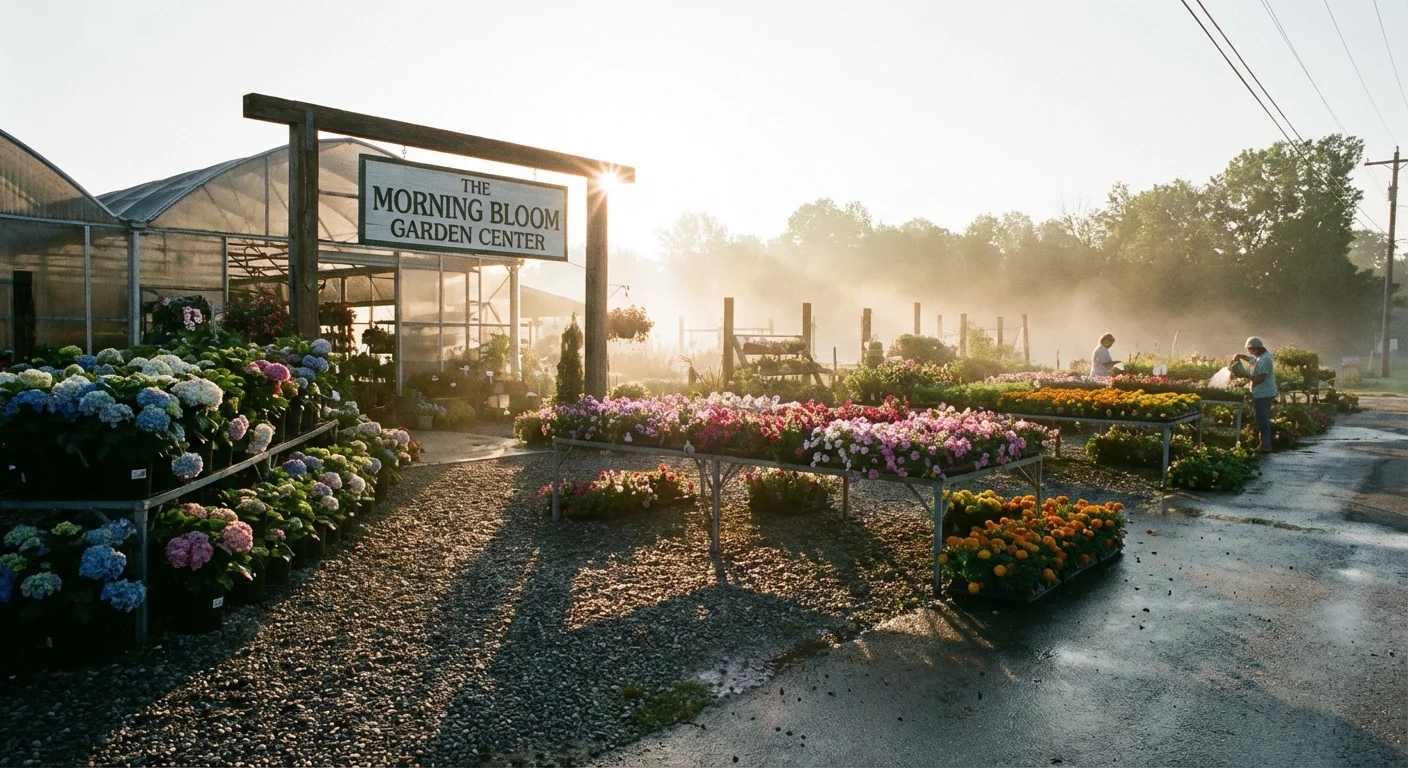 Early morning sun shining on racks of fresh plants outside a store.