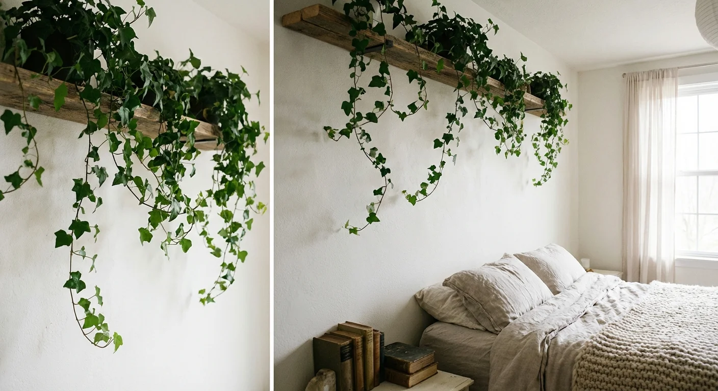 English Ivy vines hanging down from a wooden shelf in a minimalist bedroom.