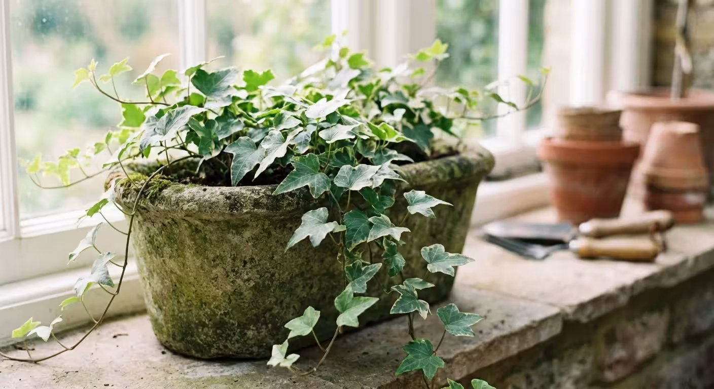 English Ivy vines trailing down from a pot in a bright room.