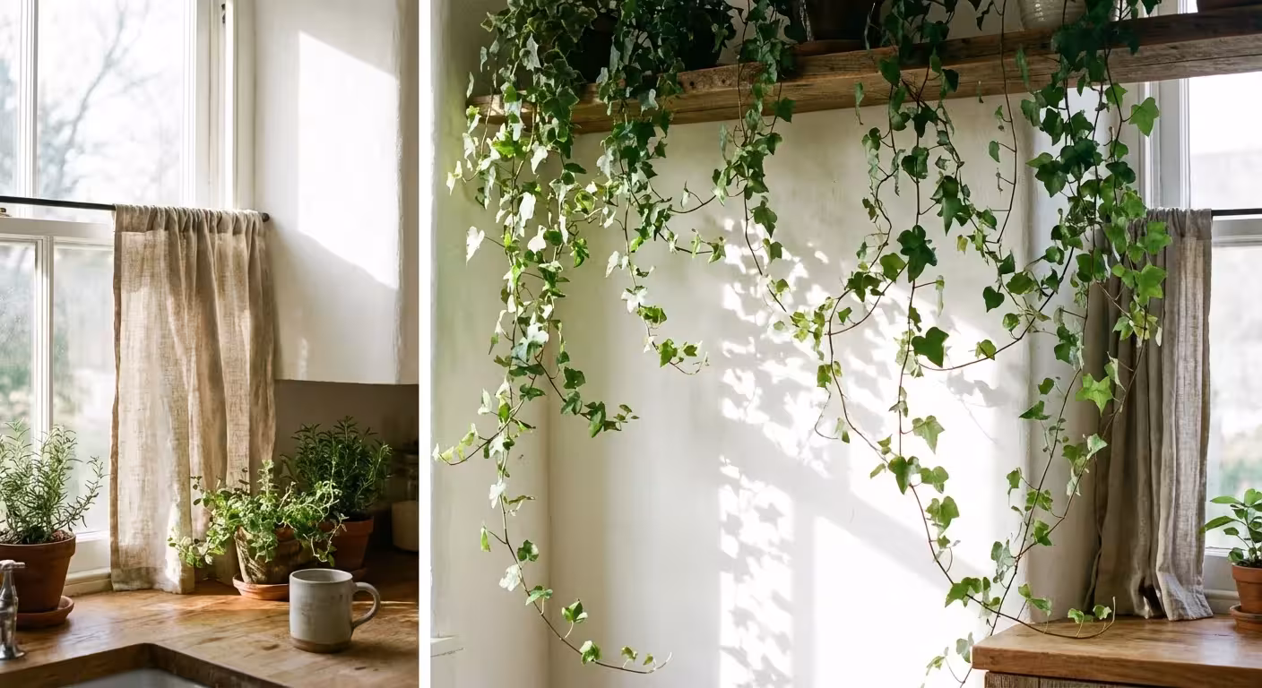 English Ivy vines trailing down from a wooden shelf.