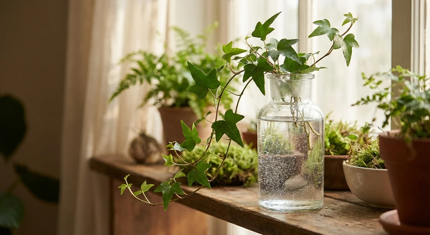 English Ivy vines trailing out of a vintage glass bottle filled with water.