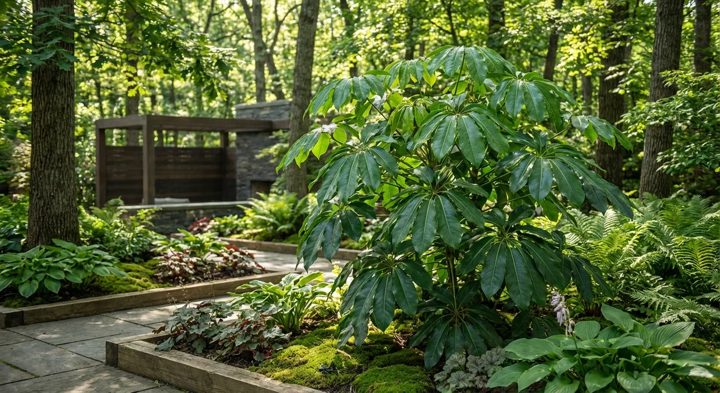 Exotic Hardy Schefflera plant with large palmate leaves in a shaded woodland setting.