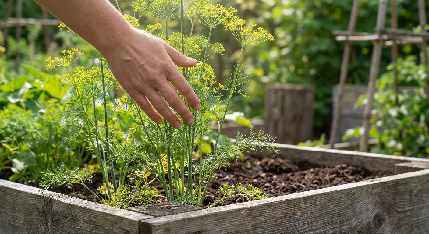 Feathery green dill growing in a raised garden bed with a hand nearby.