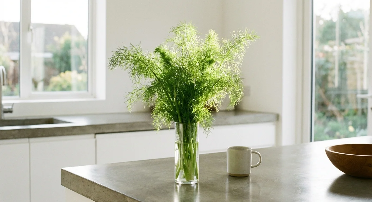 Feathery green fennel fronds growing in a glass vase of water.