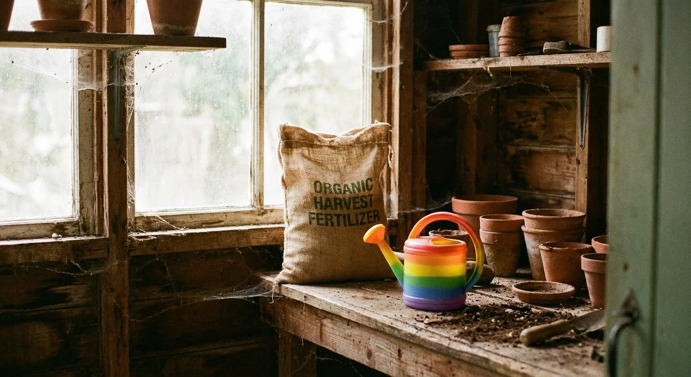 Fertilizer bag next to a child's toy on a garden bench.