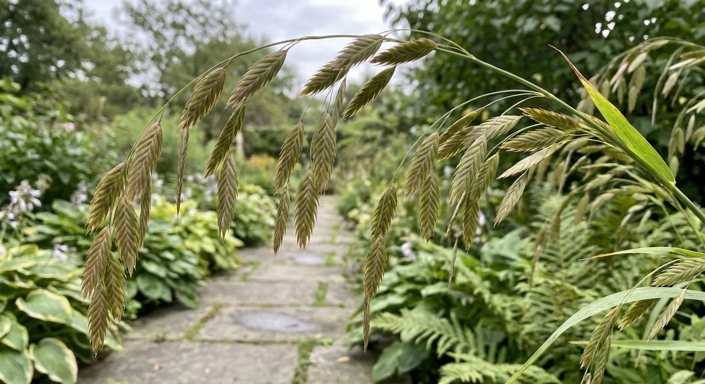 Flat, drooping seed heads of Northern Sea Oats hanging over a path.