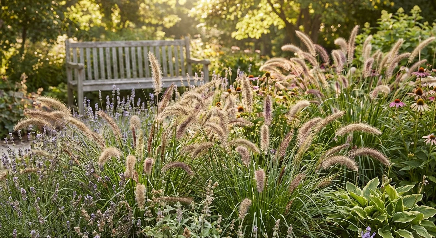 Fountain grass with its signature fuzzy, caterpillar-like flower spikes in a garden.