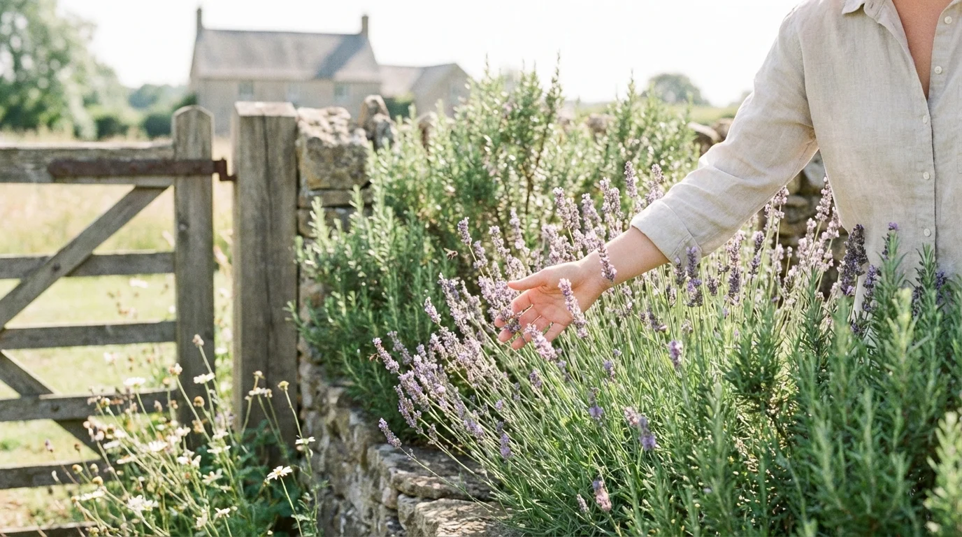 Fragrant lavender and rosemary bushes planted along a property line.