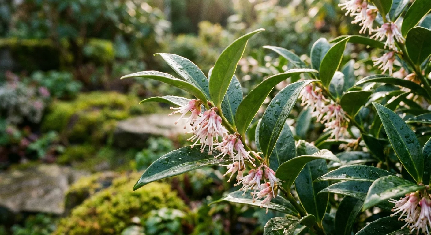 Fragrant pink-tinged Sarcococca flowers and glossy green leaves in a garden.