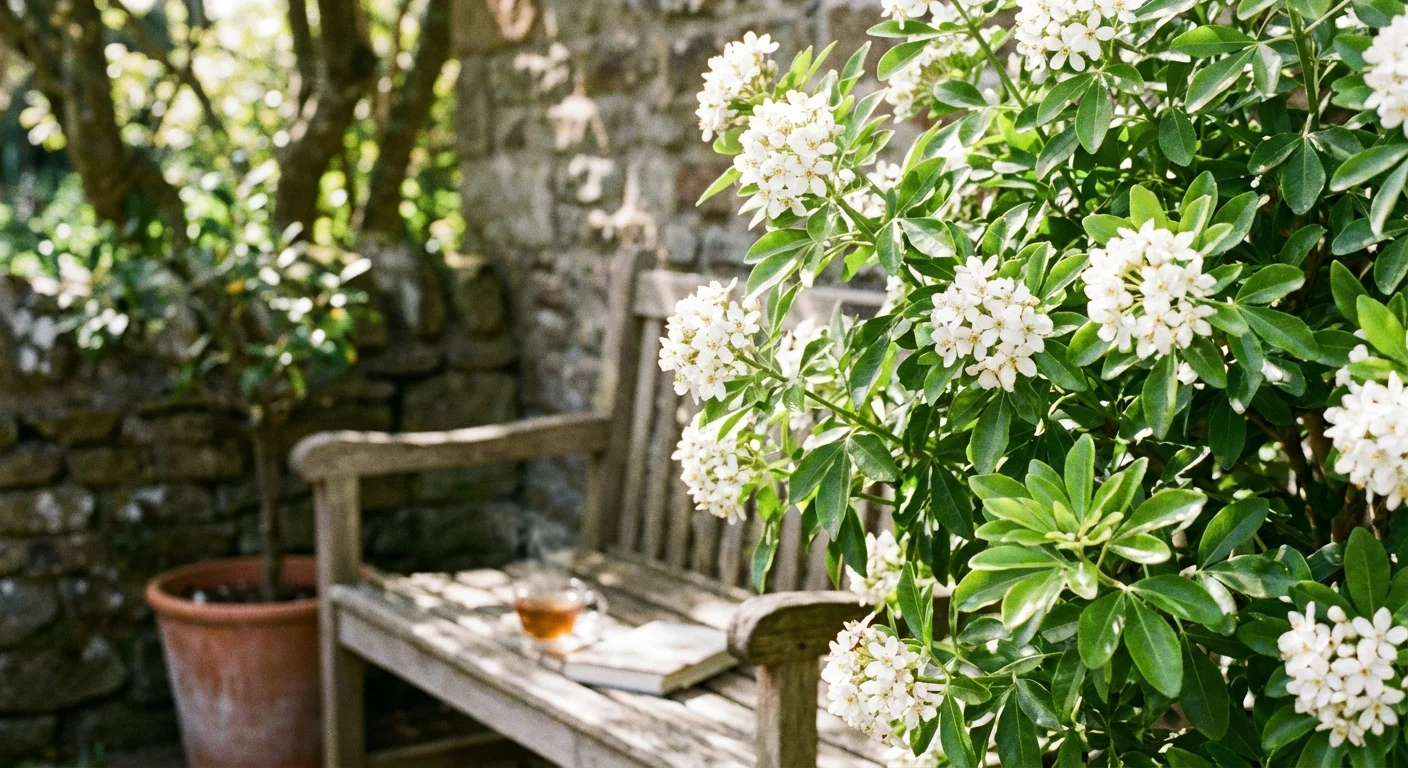 Fragrant white Mexican Orange Blossom flowers and glossy green leaves.