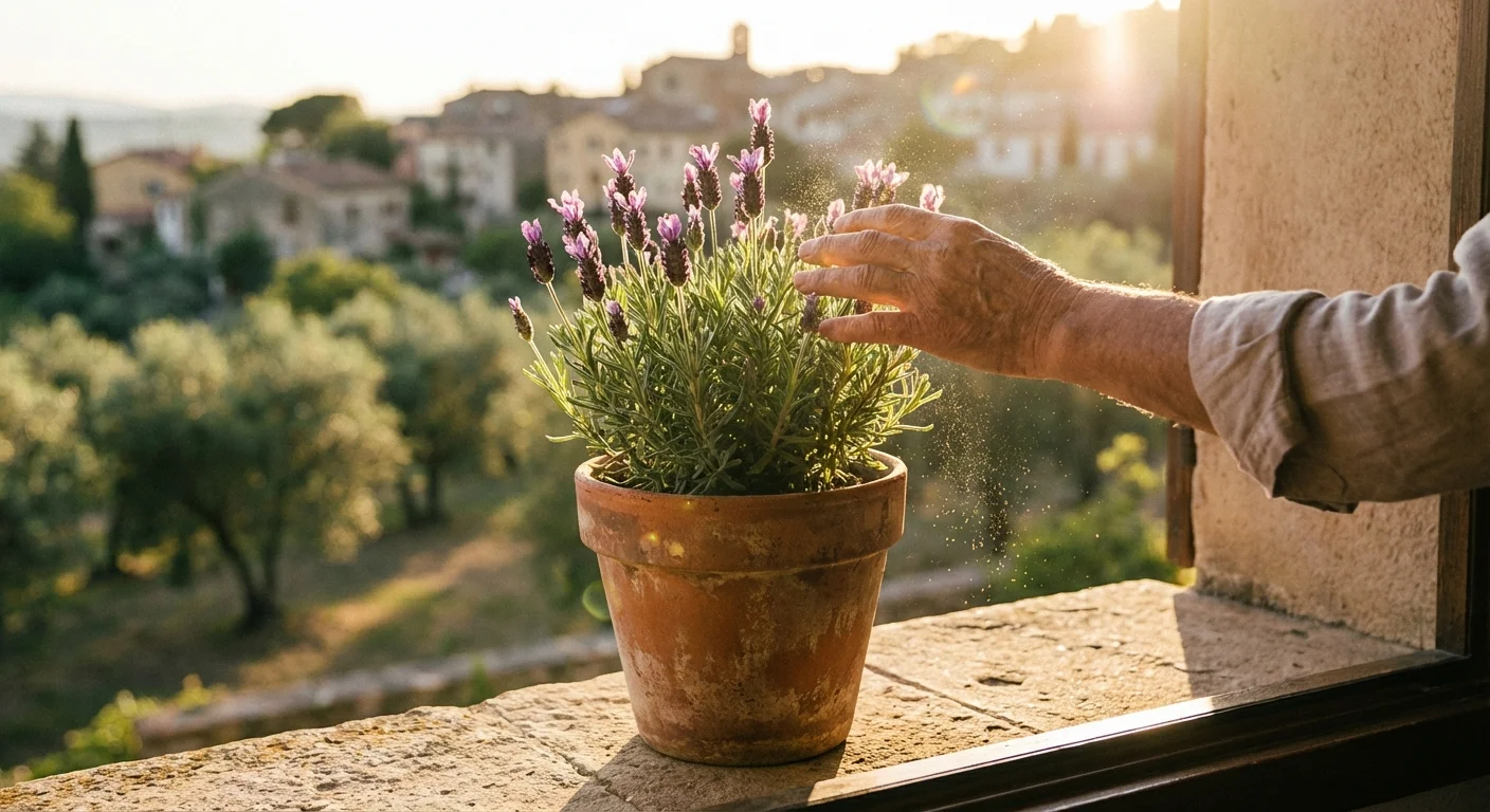 French Lavender in a terracotta pot on a sunny windowsill being gently touched by a hand.