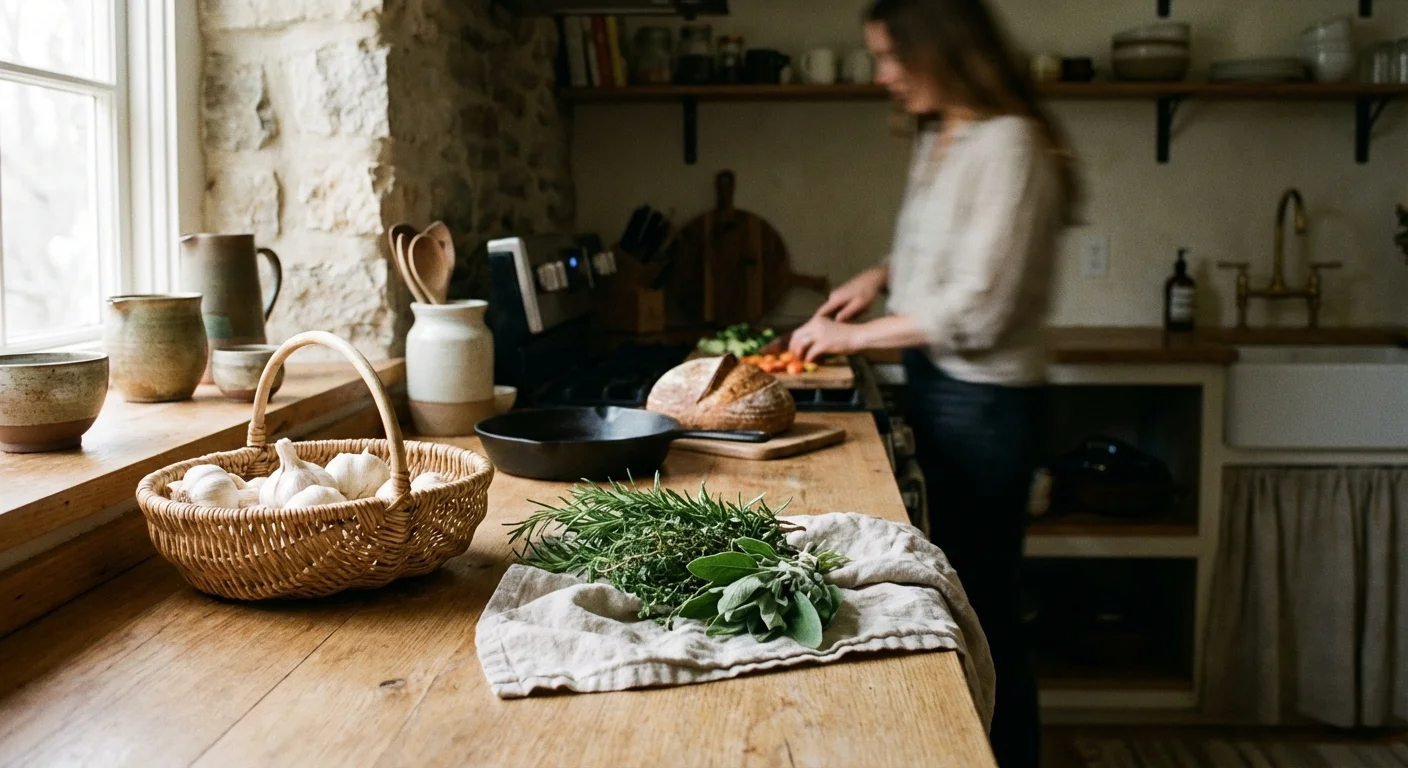 Fresh garlic bulbs in a wicker basket on a rustic wooden kitchen table.