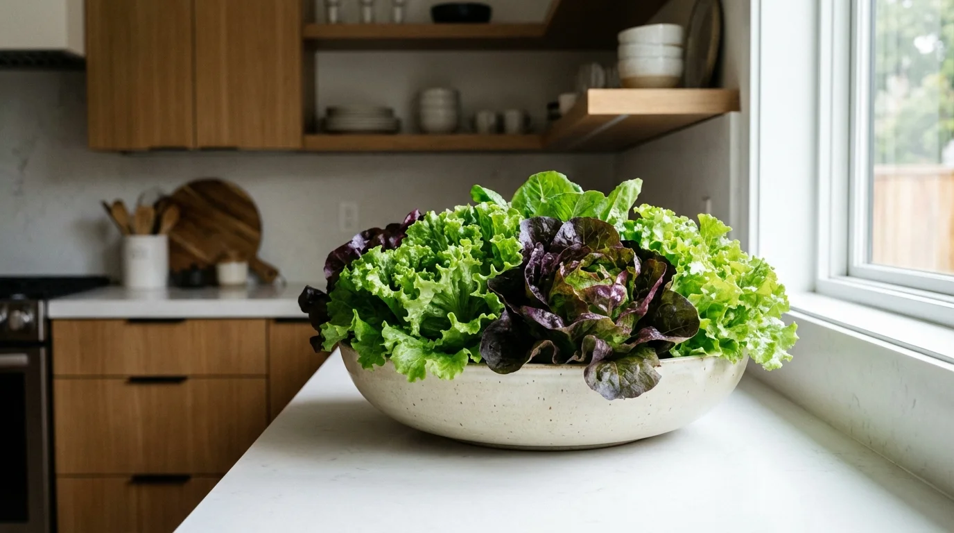 Fresh green and purple lettuce growing in a wide indoor planter.