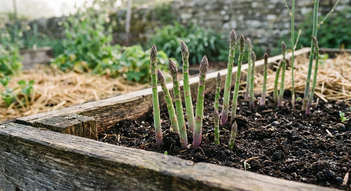 Fresh green asparagus spears growing in a wooden garden bed.