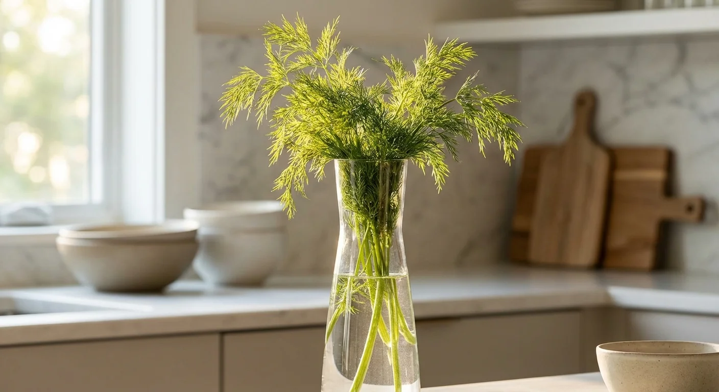 Fresh green dill sprigs growing in a glass bottle of water on a kitchen counter.