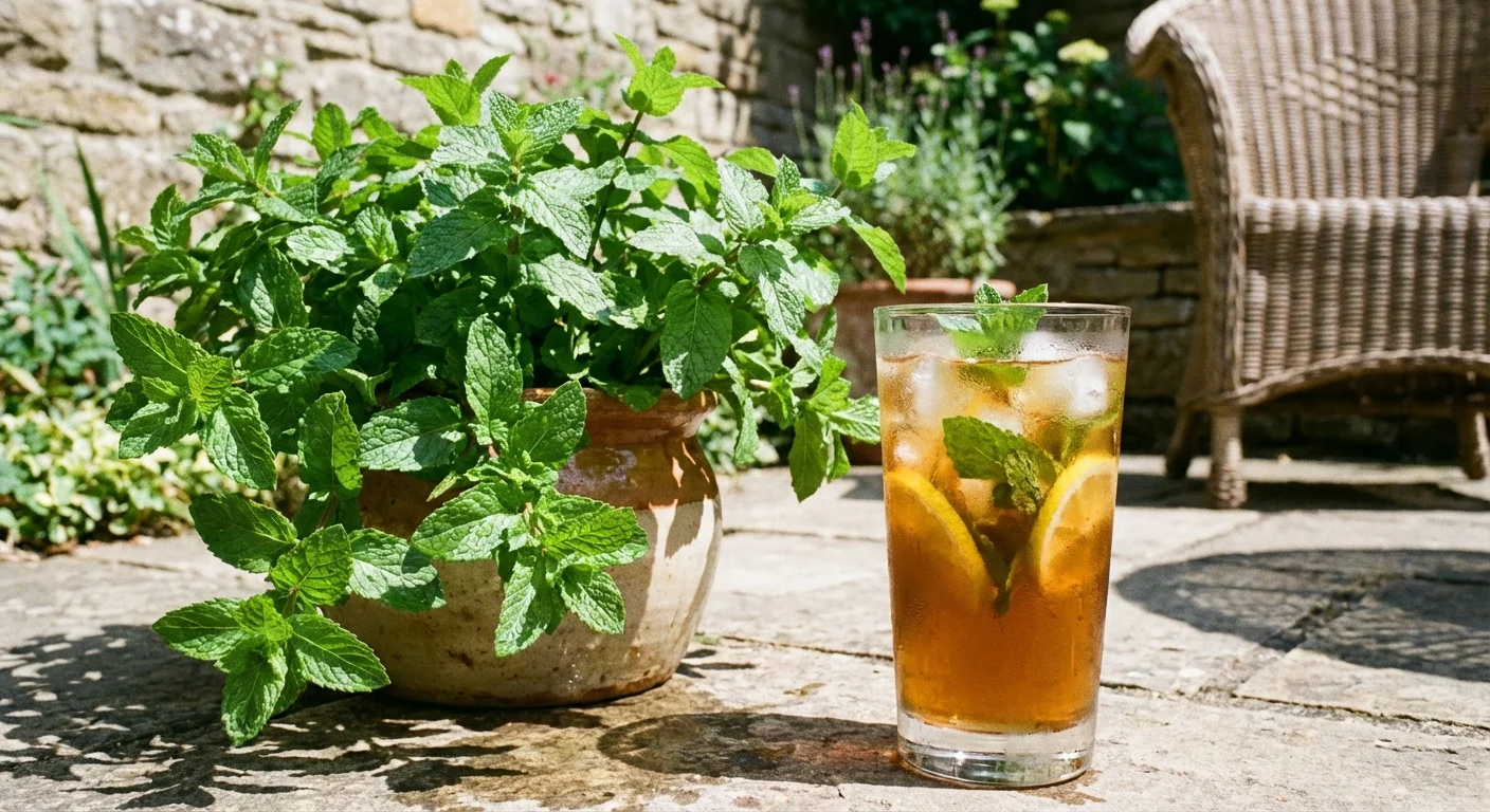 Fresh green mint leaves in a pot next to a glass of iced tea with lemon.