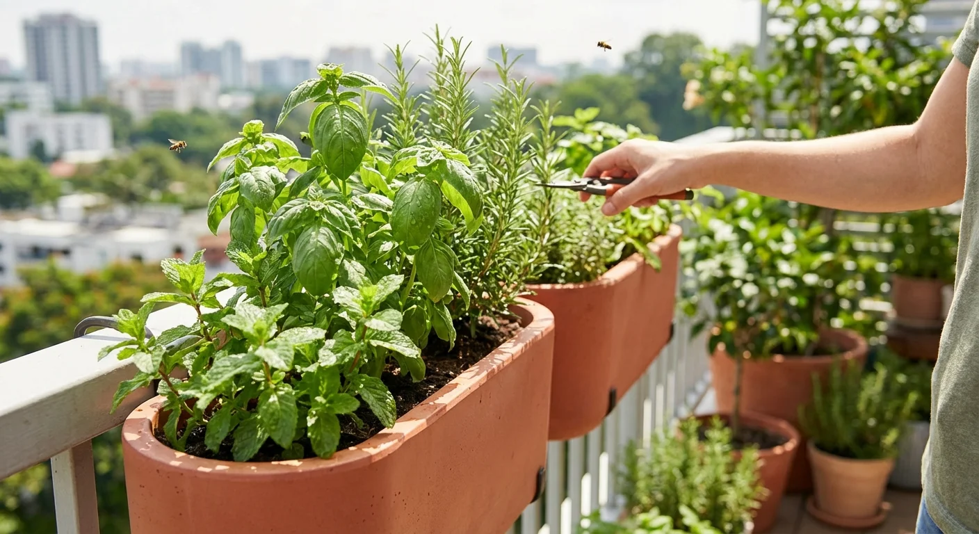 Fresh herbs like basil and rosemary growing in pots on a sunny balcony railing.