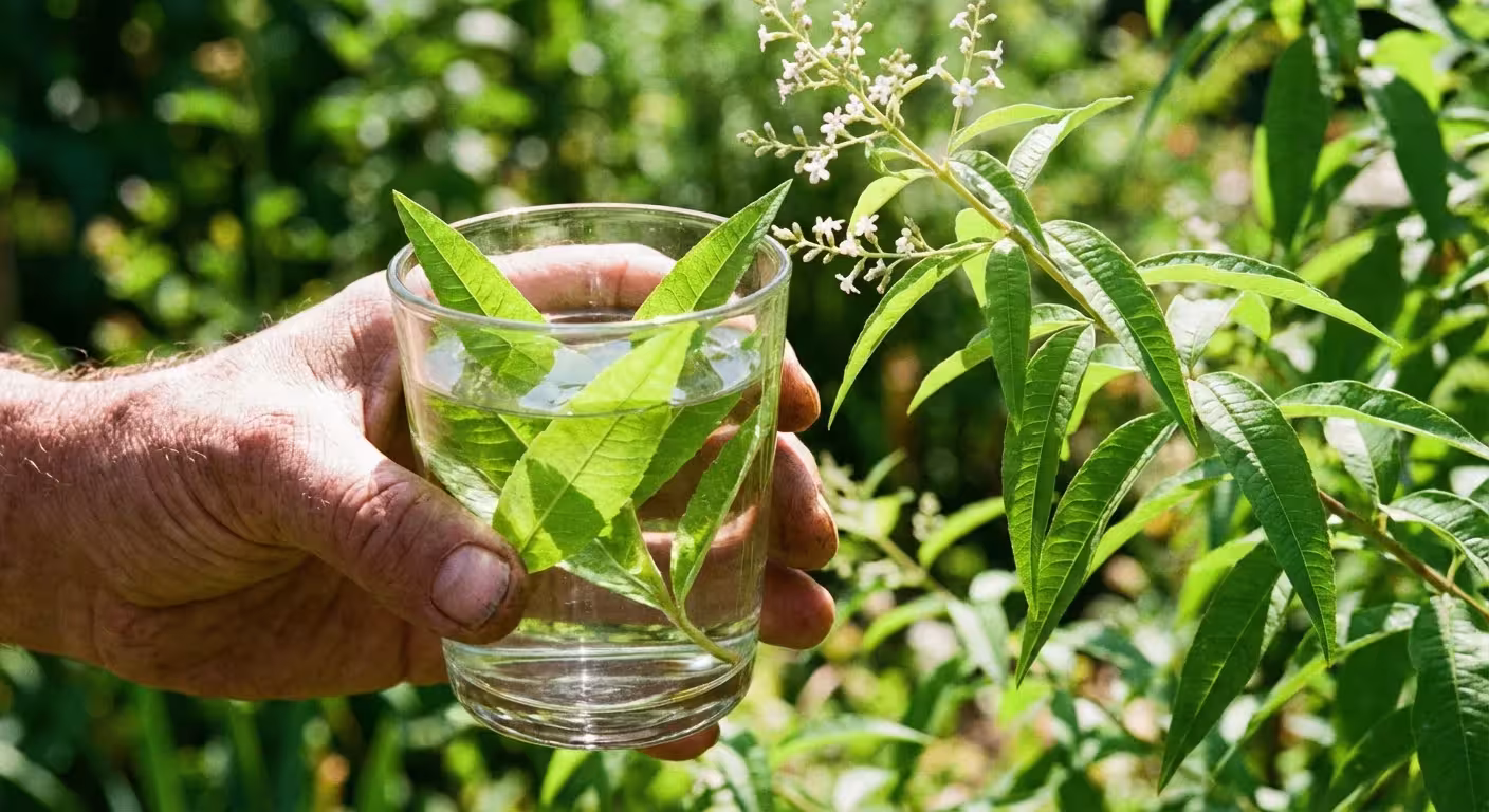 Fresh lemon verbena leaves on a branch in a sunny outdoor setting.