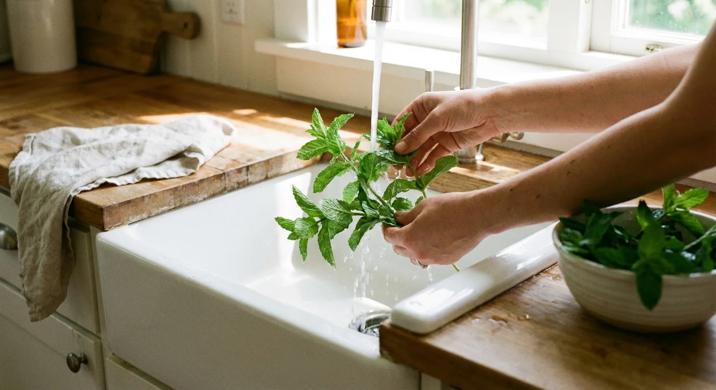 Fresh mint leaves being rinsed under water in a white ceramic sink.