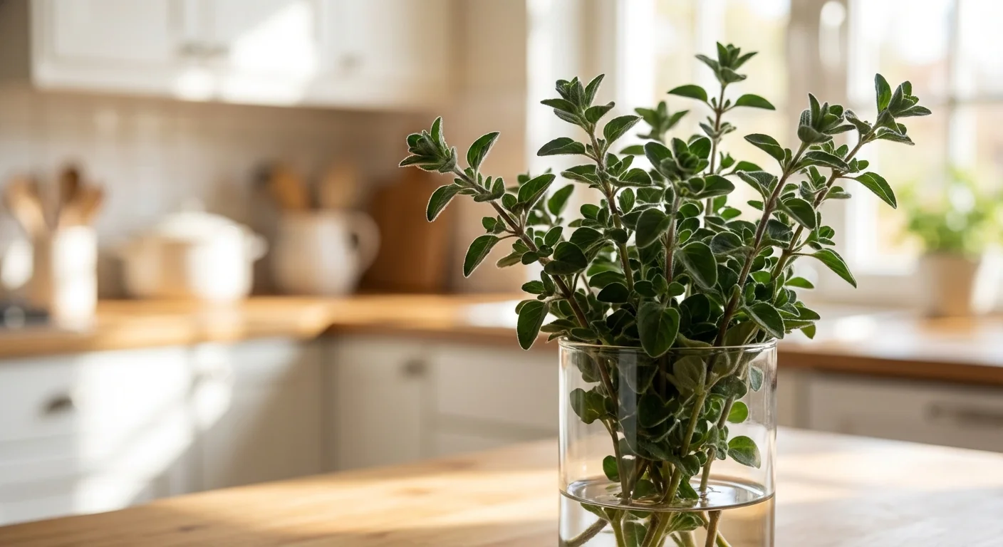 Fresh oregano stems growing in a clear glass jar in a bright kitchen.