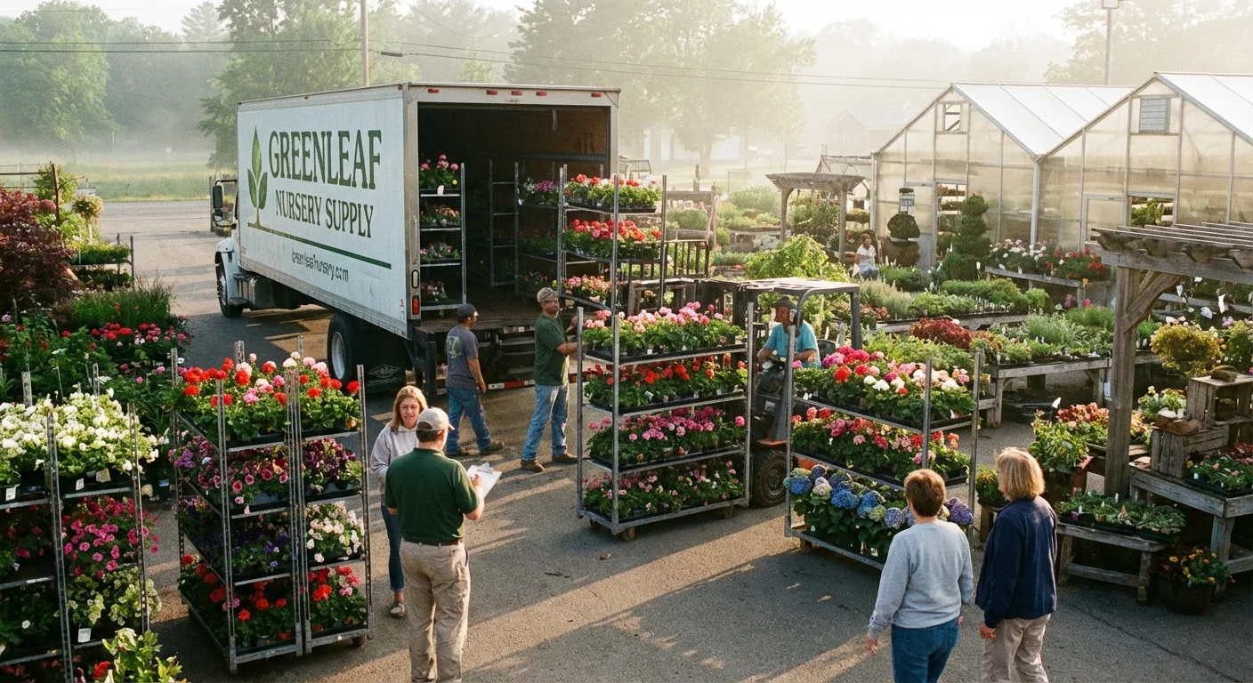 Fresh plants being unloaded from a delivery truck at a garden center.