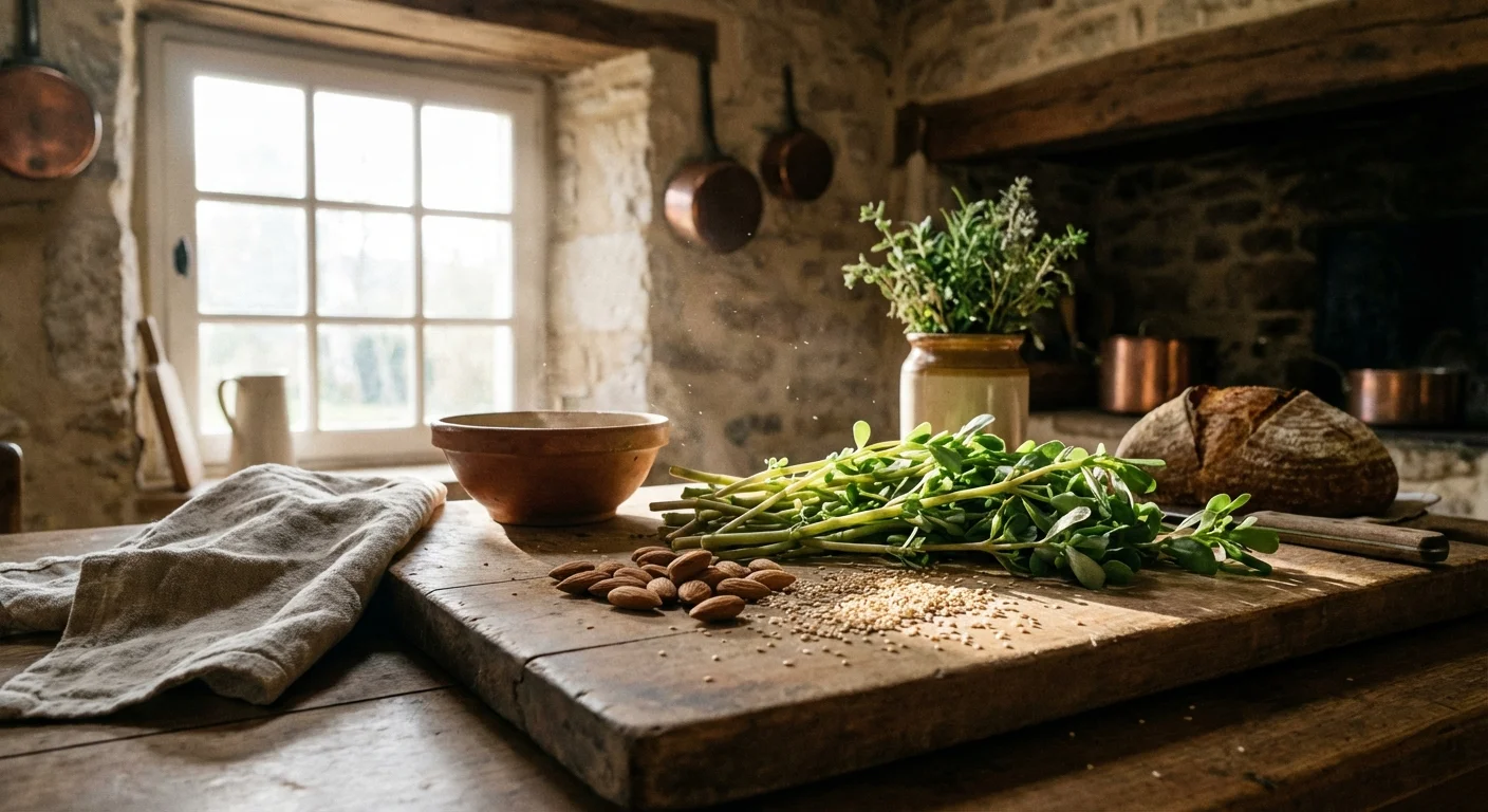 Fresh purslane and nuts on a wooden board in a sunlit kitchen.